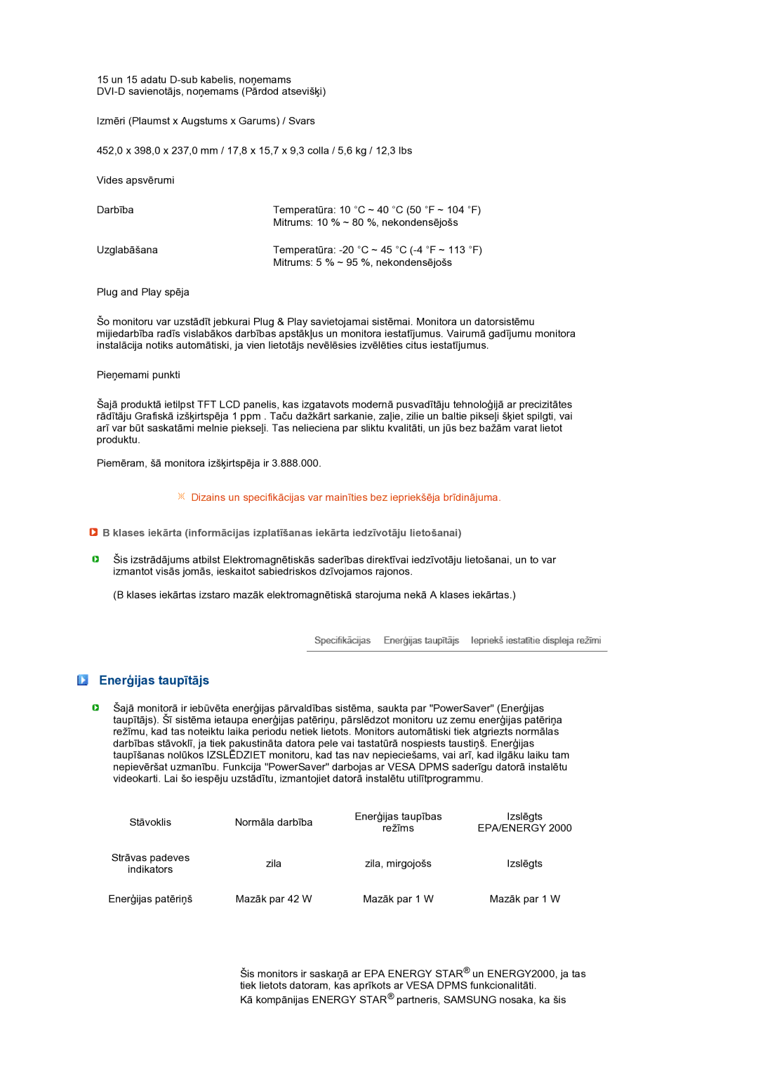 Samsung LS19PFWDFV/EDC manual Enerģijas taupītājs, Epa/Energy 