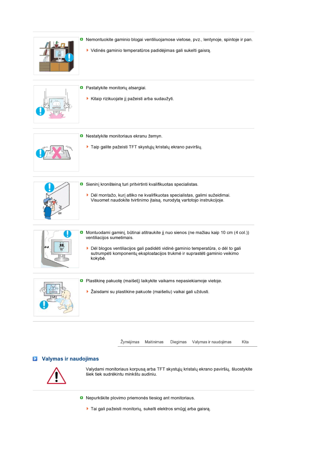 Samsung LS19PFWDFV/EDC manual Valymas ir naudojimas 