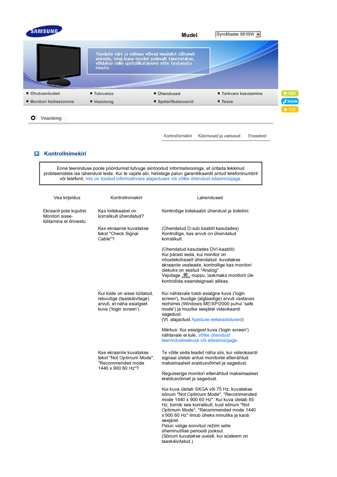 Samsung LS19PFWDFV/EDC manual Kontrollnimekiri, Vt. alajaotust Ajastuse eelseadistused 