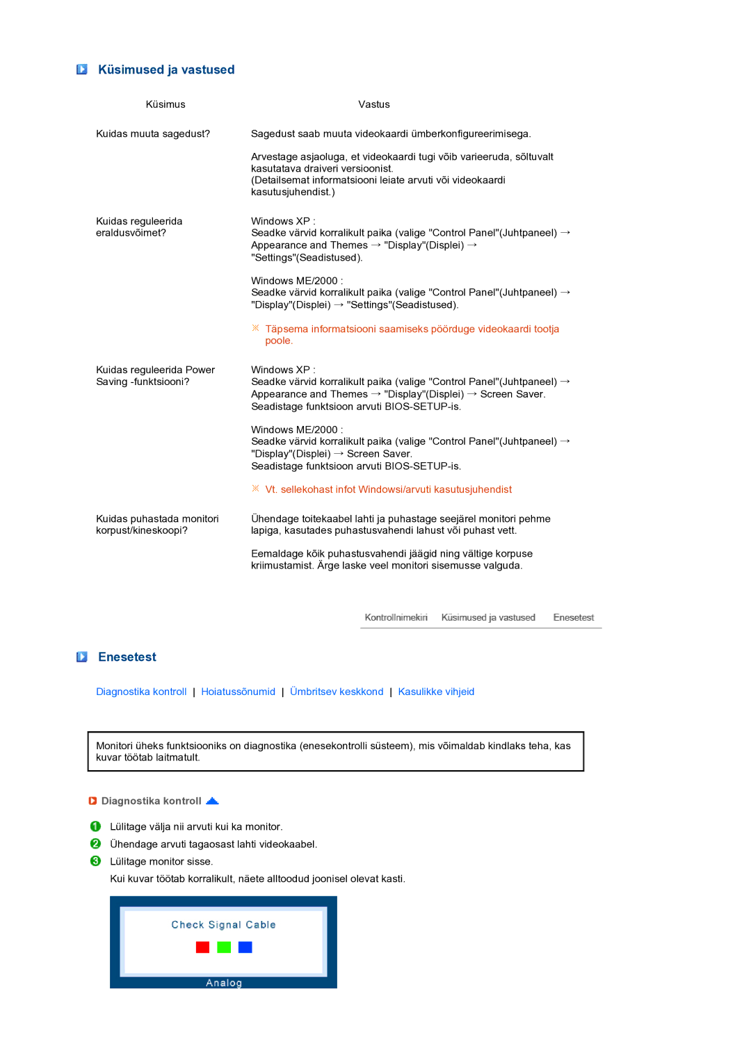 Samsung LS19PFWDFV/EDC manual Küsimused ja vastused, Enesetest, Diagnostika kontroll 