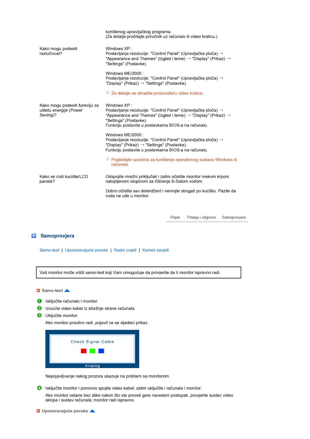 Samsung LS19PFWDFV/EDC manual Samoprovjera, Samo-test, Upozoravajuće poruke 