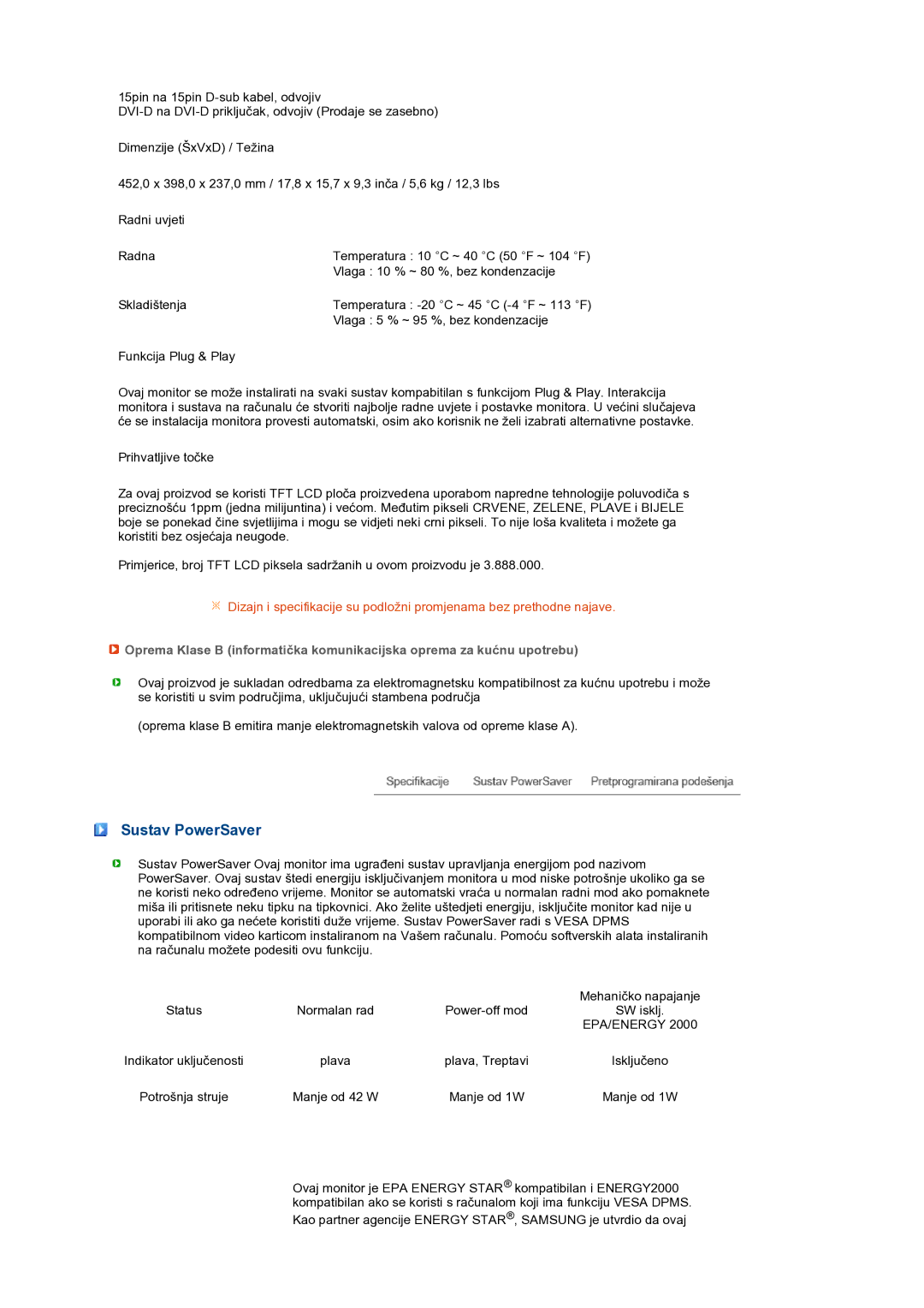 Samsung LS19PFWDFV/EDC manual Sustav PowerSaver, Epa/Energy 