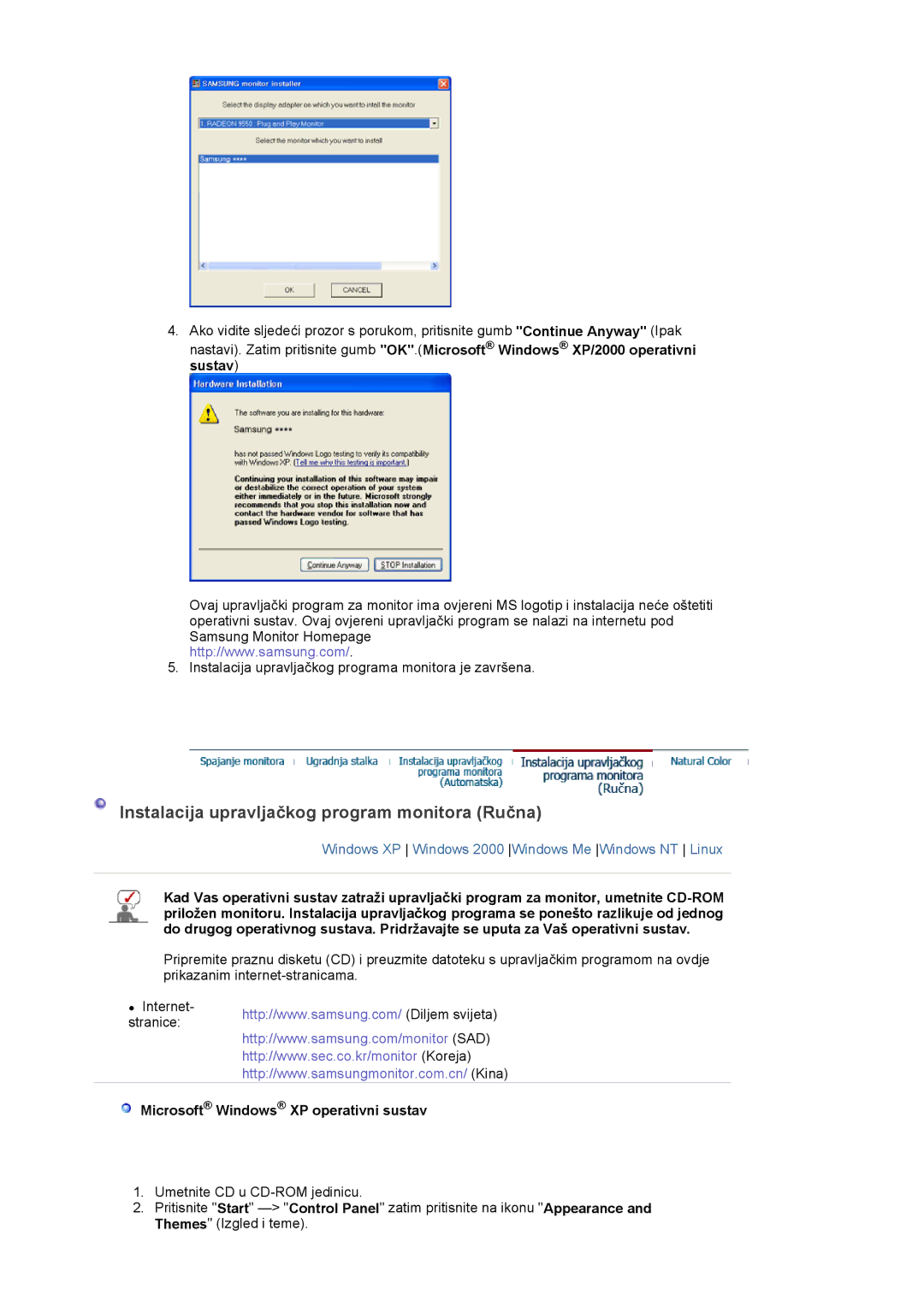 Samsung LS17PLMSKB/EDC manual Instalacija upravljačkog program monitora Ručna, Microsoft Windows XP operativni sustav 