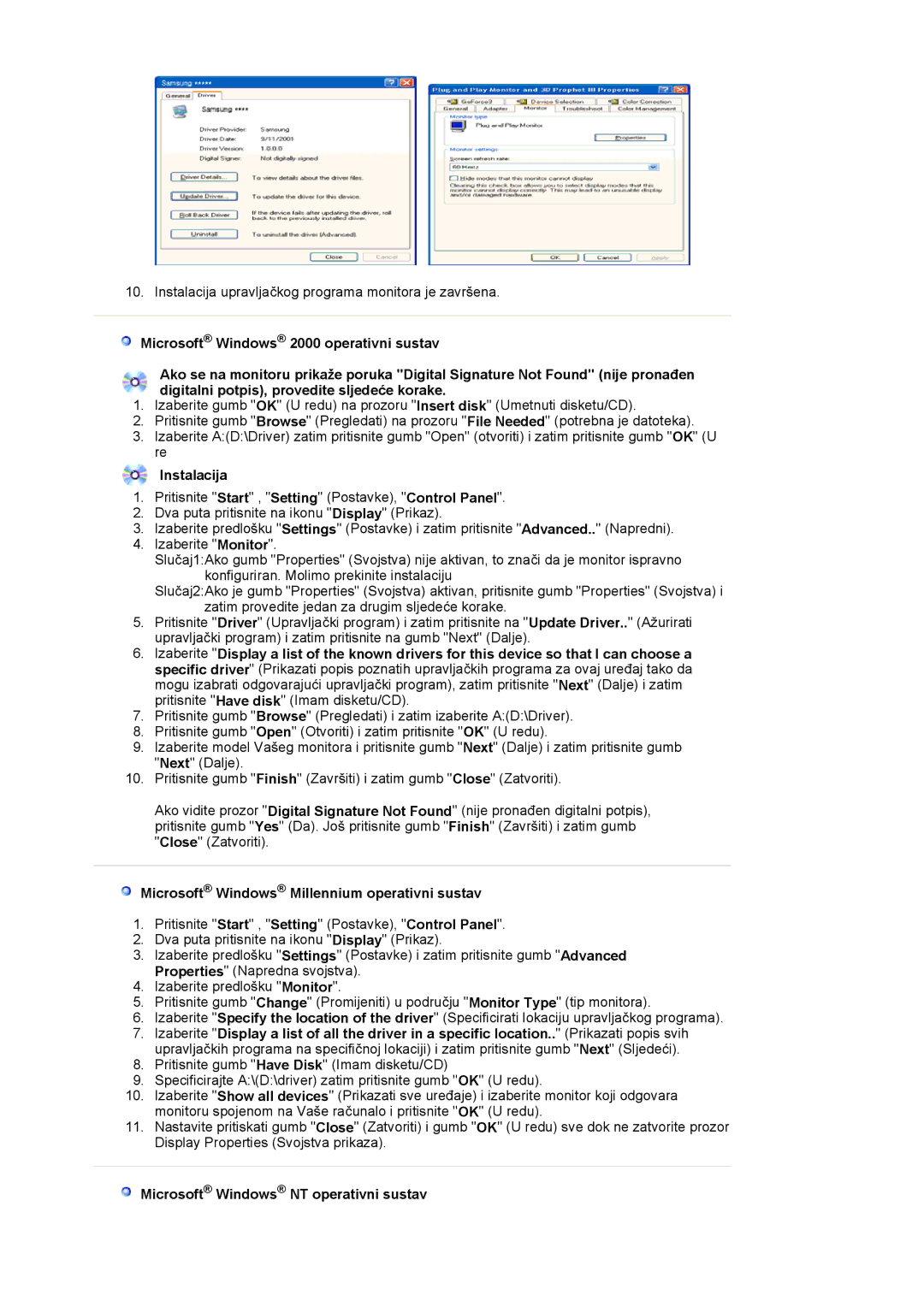 Samsung LS17PLMSKB/EDC Instalacija, Microsoft Windows Millennium operativni sustav, Microsoft Windows NT operativni sustav 