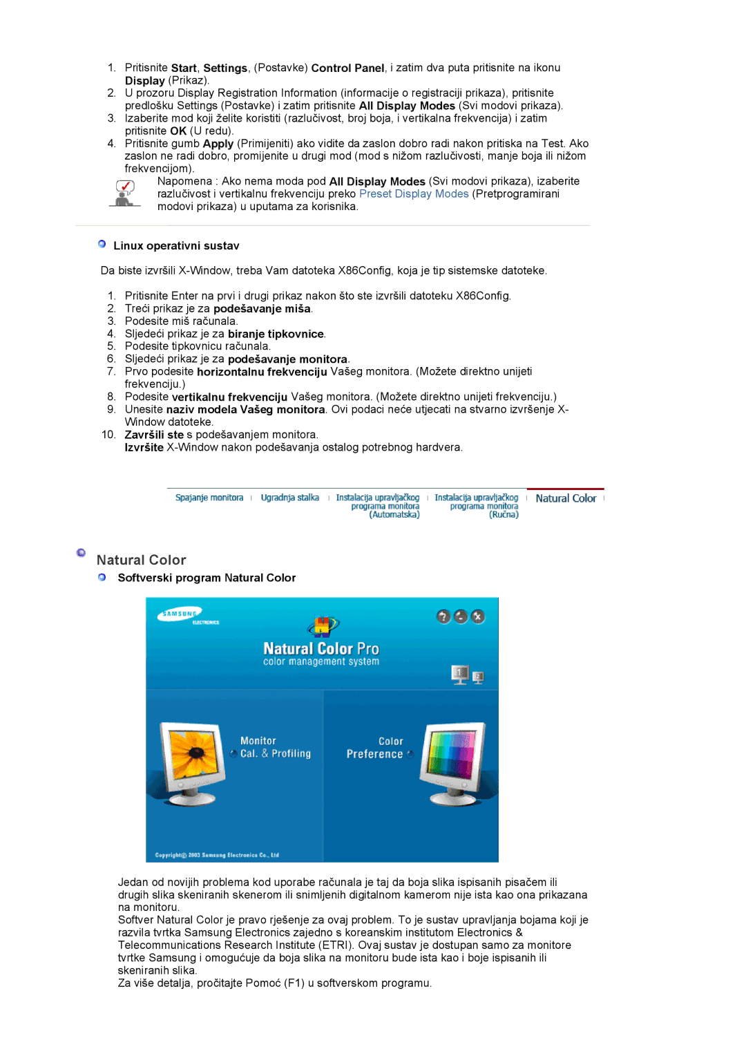 Samsung LS19PLMTSQ/EDC, LS17PLMTSQ/EDC, LS17PLMSKB/EDC manual Linux operativni sustav, Softverski program Natural Color 