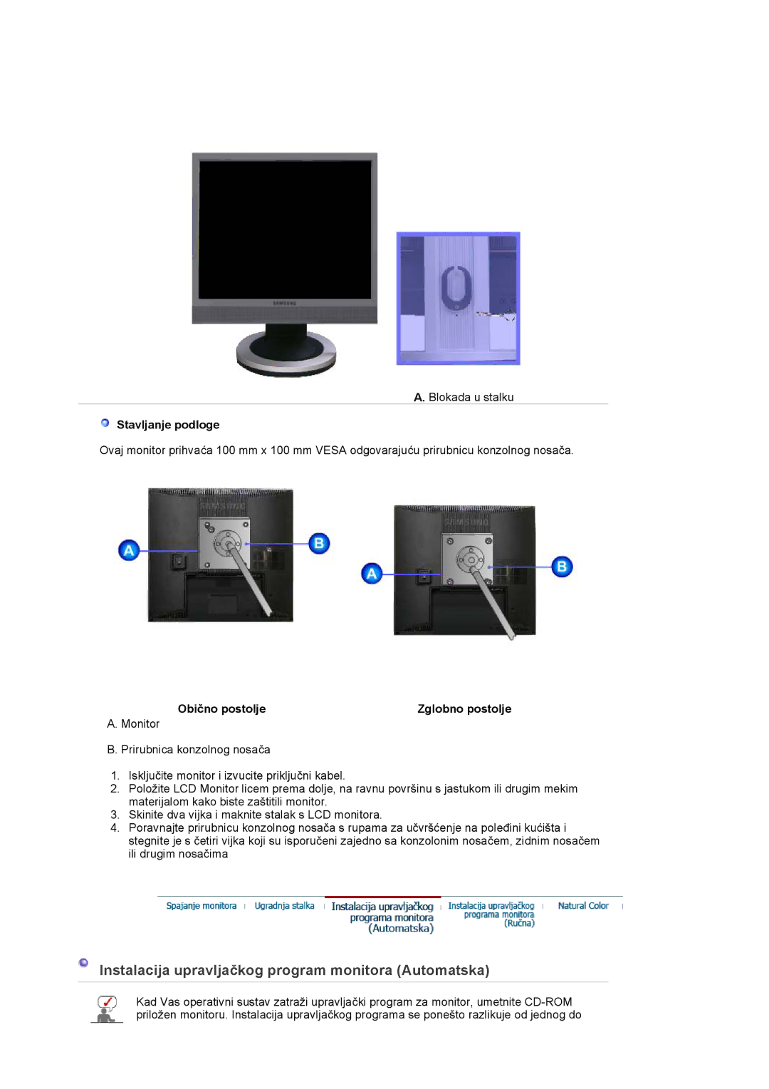 Samsung LS17PLMTSQ/EDC, LS19PLMTSQ/EDC, LS17PLMSKB/EDC manual Stavljanje podloge, Obično postolje Zglobno postolje 