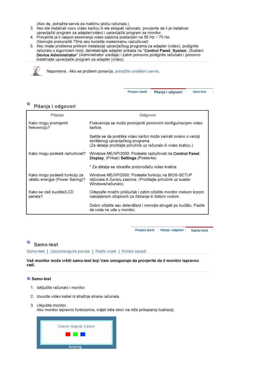 Samsung LS17PLMSKB/EDC, LS19PLMTSQ/EDC, LS17PLMTSQ/EDC manual Pitanja i odgovori, Samo-test, Pitanje, Odgovor 