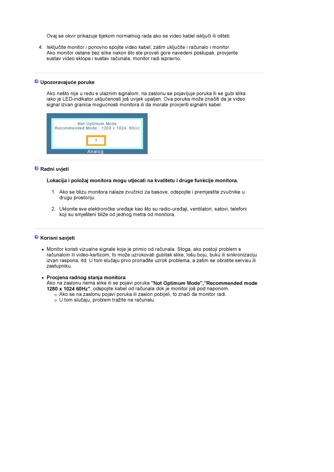 Samsung LS19PLMTSQ/EDC, LS17PLMTSQ/EDC manual Upozoravajuće poruke, Korisni savjeti, Procjena radnog stanja monitora 