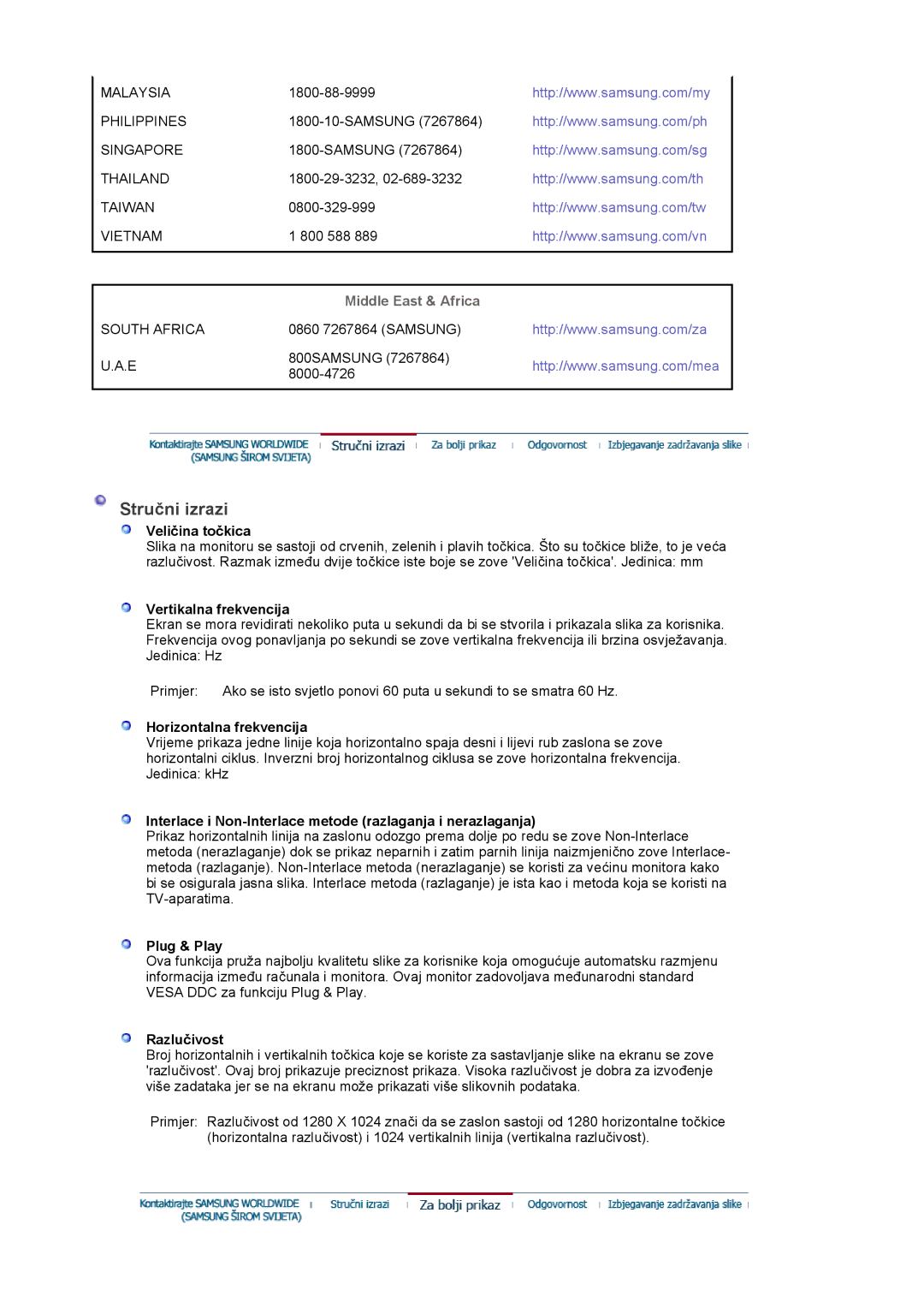 Samsung LS17PLMSKB/EDC, LS19PLMTSQ/EDC, LS17PLMTSQ/EDC manual Stručni izrazi, Middle East & Africa 