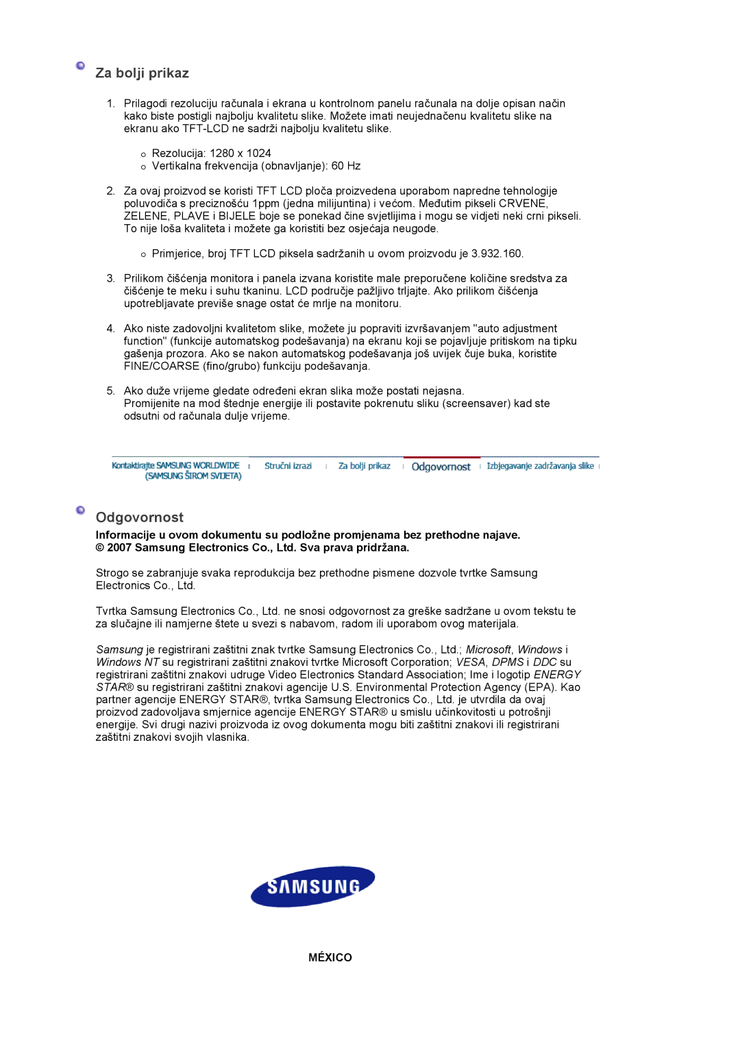 Samsung LS19PLMTSQ/EDC, LS17PLMTSQ/EDC, LS17PLMSKB/EDC manual Za bolji prikaz, Odgovornost 