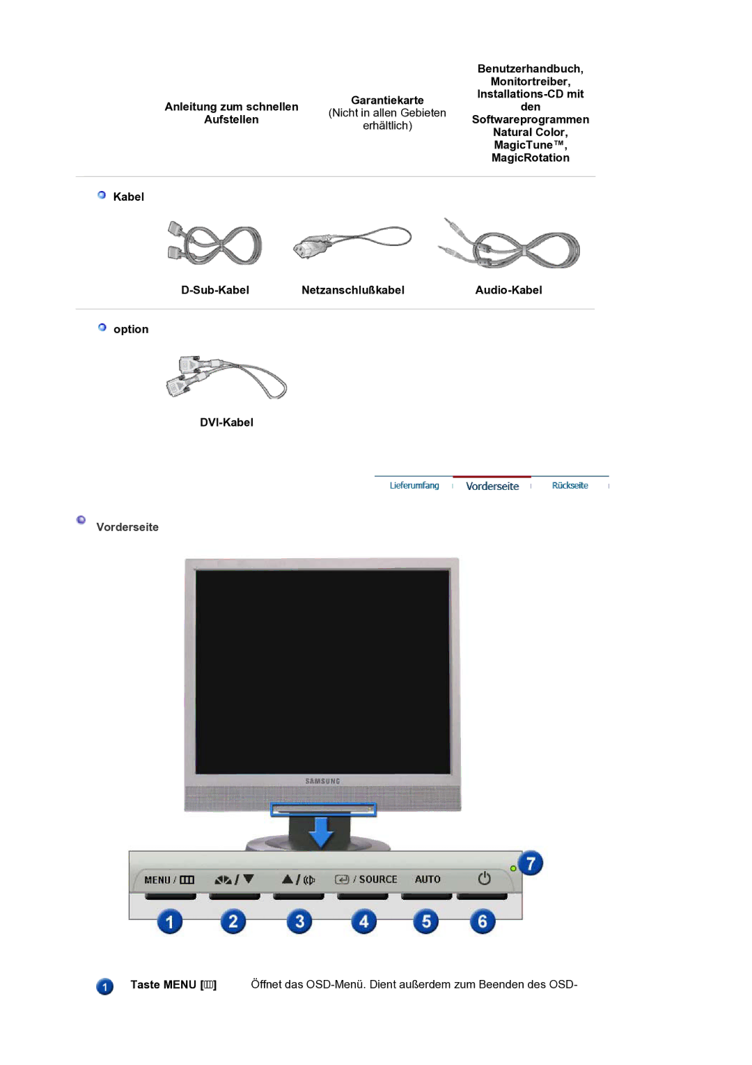 Samsung LS17PLMTSQ/EDC Benutzerhandbuch, Monitortreiber, Installations-CD mit, Anleitung zum schnellen Den, Aufstellen 