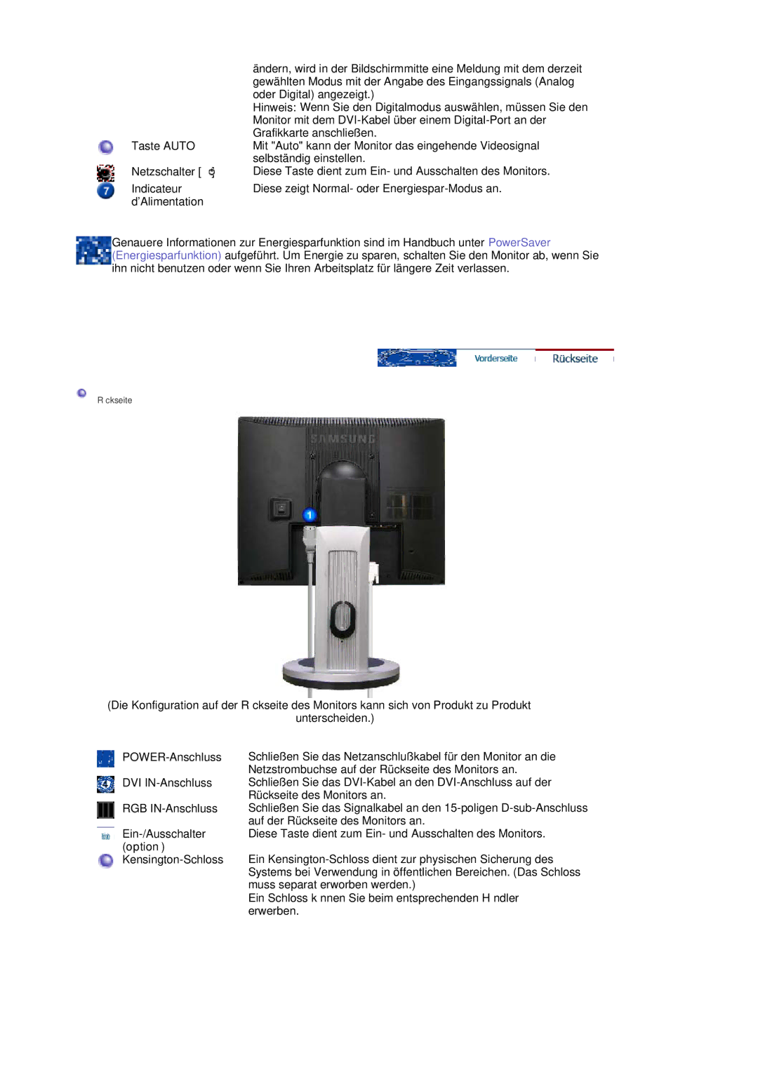 Samsung LS17PLMTSQ/EDC, LS19PLMTSQ/EDC manual Taste Auto, Ein Schloss können Sie beim entsprechenden Händler erwerben 