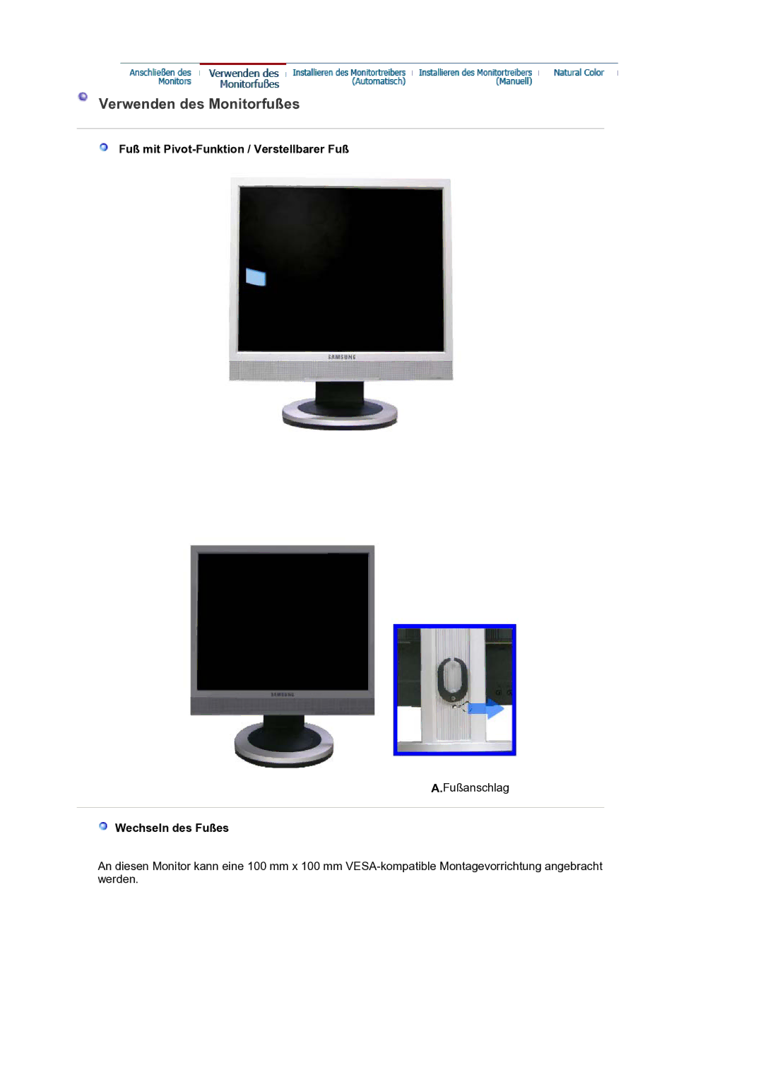 Samsung LS19PLMTSQ/EDC manual Verwenden des Monitorfußes, Fuß mit Pivot-Funktion / Verstellbarer Fuß, Wechseln des Fußes 