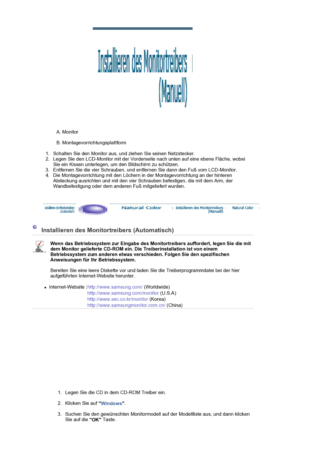 Samsung LS17PLMTSQ/EDC, LS19PLMTSQ/EDC manual Installieren des Monitortreibers Automatisch 
