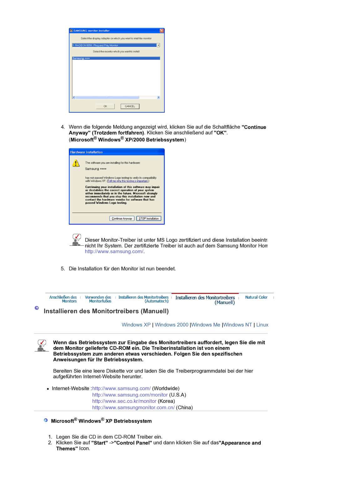 Samsung LS19PLMTSQ/EDC, LS17PLMTSQ/EDC Installieren des Monitortreibers Manuell, Microsoft Windows XP/2000 Betriebssystem 