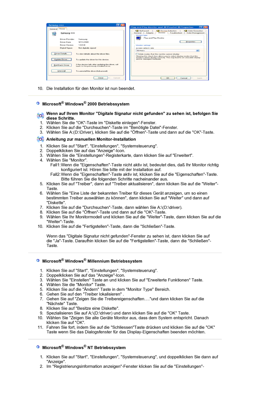 Samsung LS17PLMTSQ/EDC manual Anleitung zur manuellen Monitor-Installation, Microsoft Windows Millennium Betriebssystem 