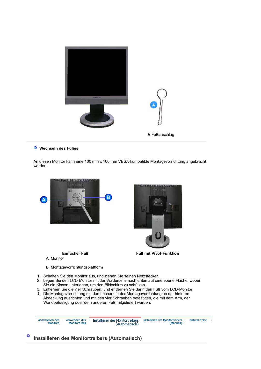 Samsung LS19PLMTSQ/EDC, LS17PLMTSQ/EDC manual Wechseln des Fußes, Einfacher Fuß Fuß mit Pivot-Funktion 