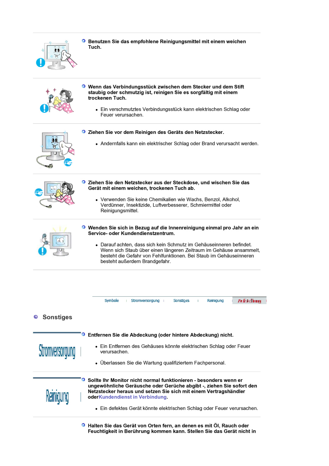 Samsung LS19PLMTSQ/EDC, LS17PLMTSQ/EDC manual Sonstiges, Ziehen Sie vor dem Reinigen des Geräts den Netzstecker 