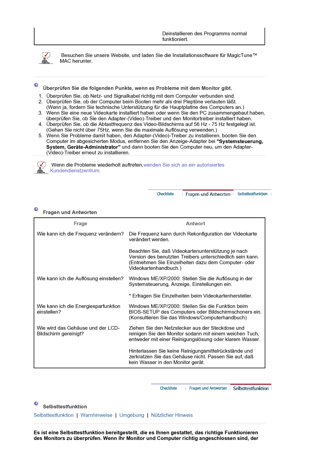 Samsung LS19PLMTSQ/EDC, LS17PLMTSQ/EDC manual Frage Antwort, Selbsttestfunktion 