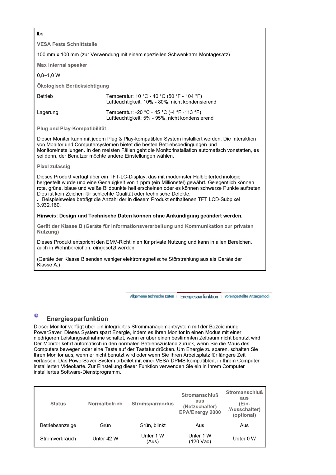 Samsung LS19PLMTSQ/EDC, LS17PLMTSQ/EDC manual Energiesparfunktion 