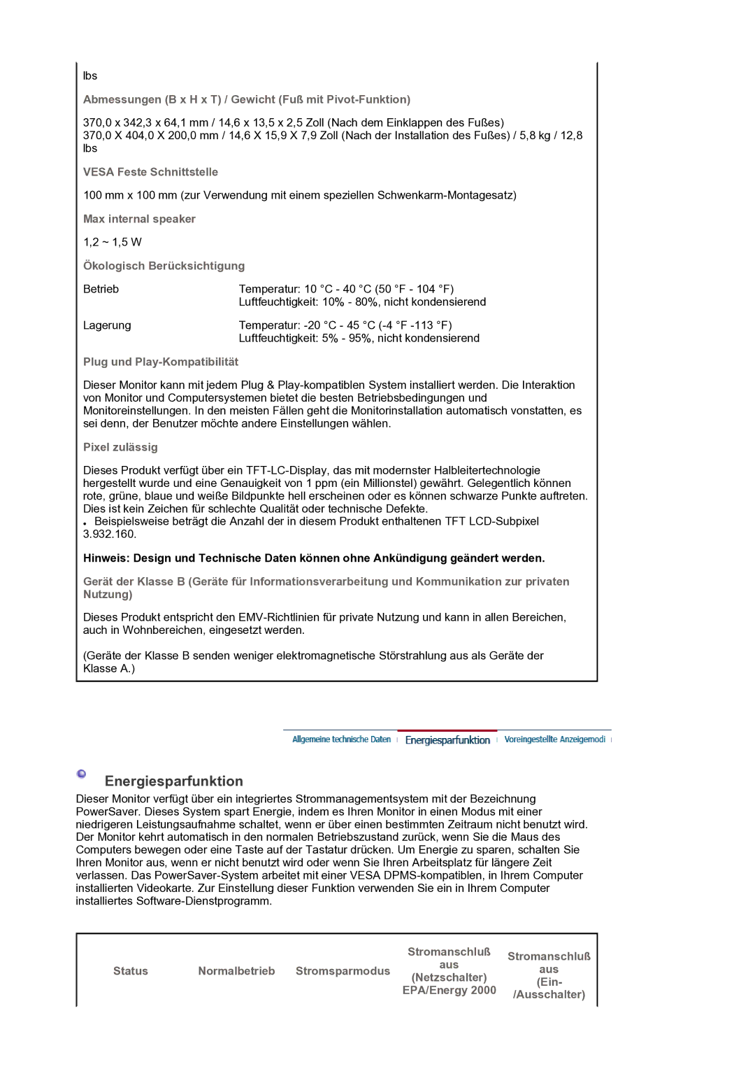 Samsung LS19PLMTSQ/EDC manual Abmessungen B x H x T / Gewicht Fuß mit Pivot-Funktion, Status Normalbetrieb Stromsparmodus 