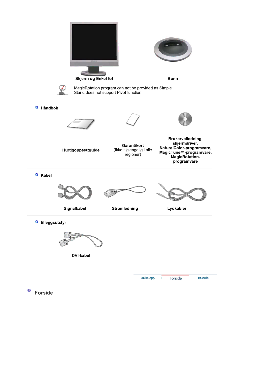 Samsung LS19PLMTSQ/EDC, LS17PLMTSQ/EDC manual Skjerm og Enkel fot Bunn, Håndbok Brukerveiledning Garantikortskjermdriver 