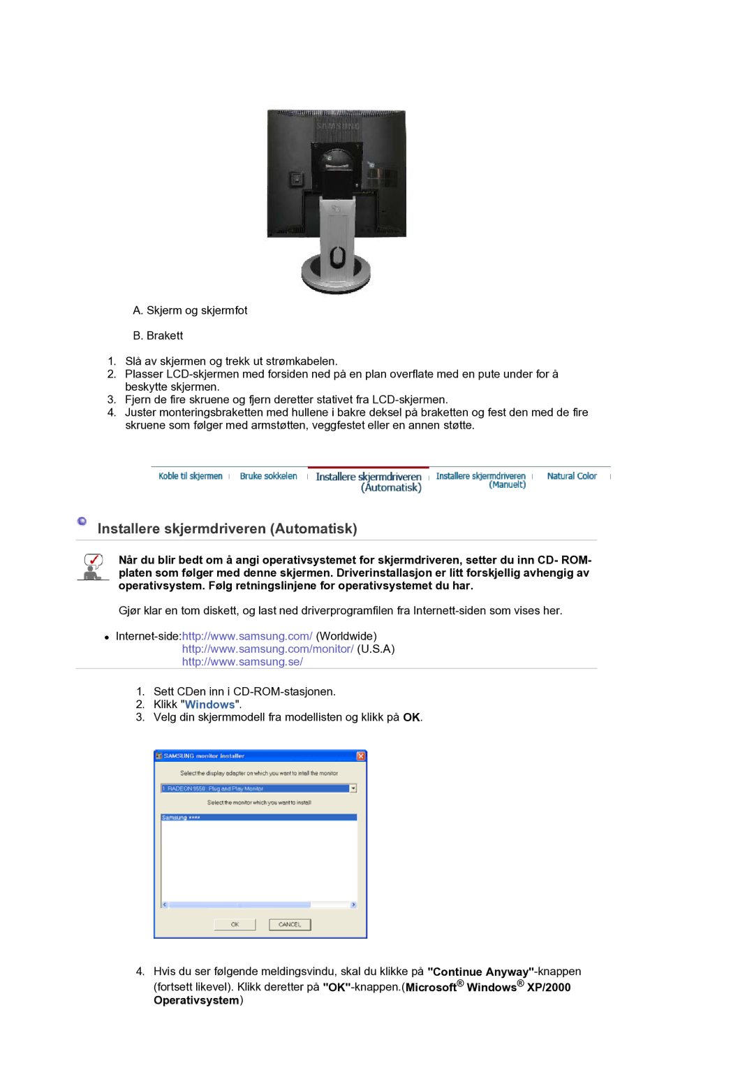 Samsung LS19PLMTSQ/EDC, LS17PLMTSQ/EDC manual Installere skjermdriveren Automatisk 