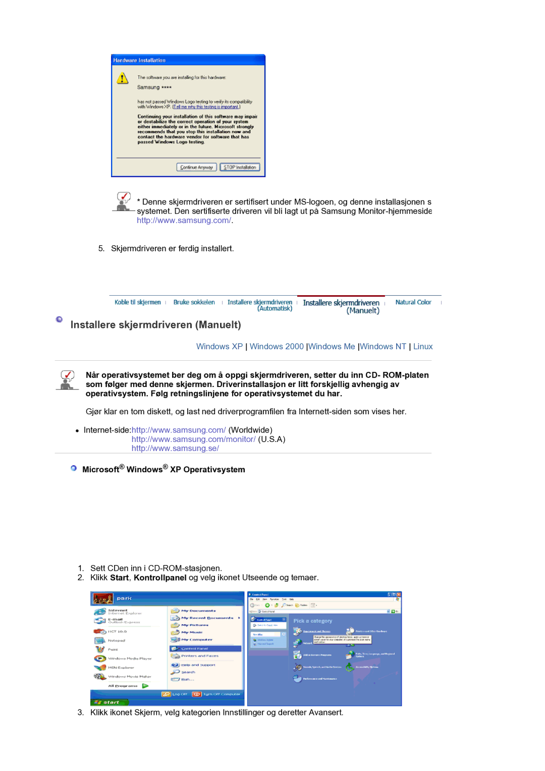 Samsung LS17PLMTSQ/EDC, LS19PLMTSQ/EDC manual Installere skjermdriveren Manuelt, Microsoft Windows XP Operativsystem 