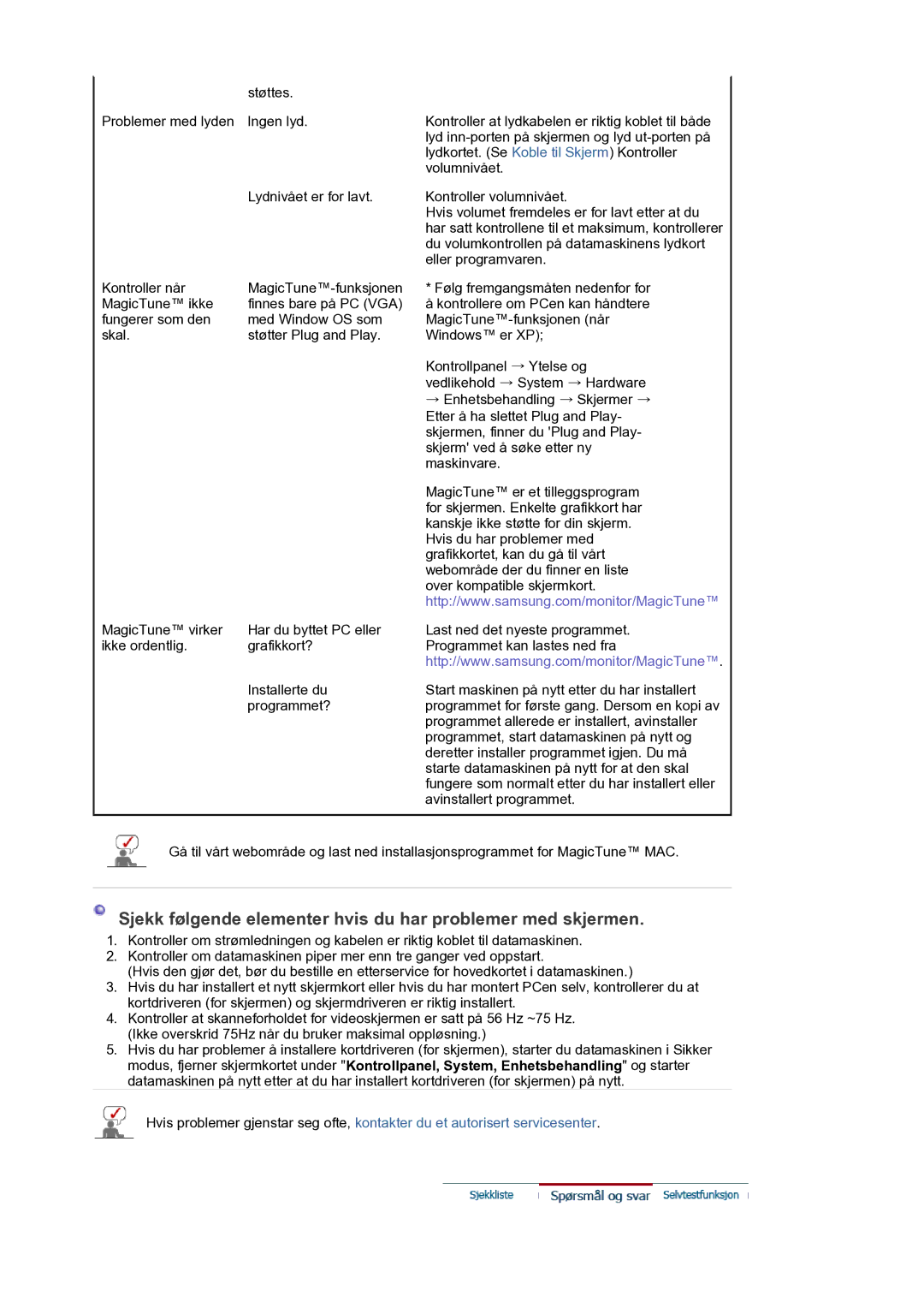 Samsung LS19PLMTSQ/EDC, LS17PLMTSQ/EDC manual Sjekk følgende elementer hvis du har problemer med skjermen 