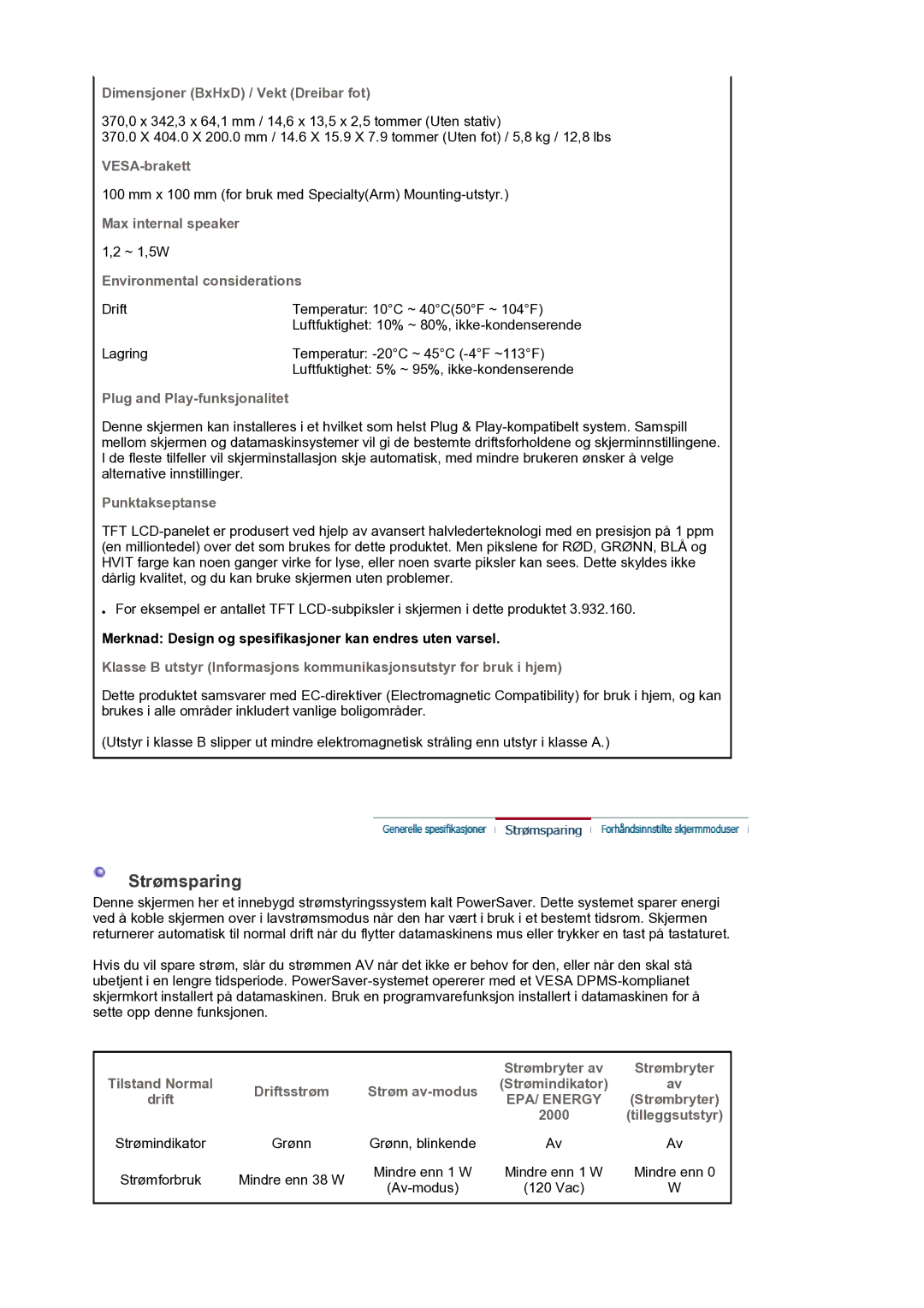 Samsung LS19PLMTSQ/EDC, LS17PLMTSQ/EDC manual Strømsparing 