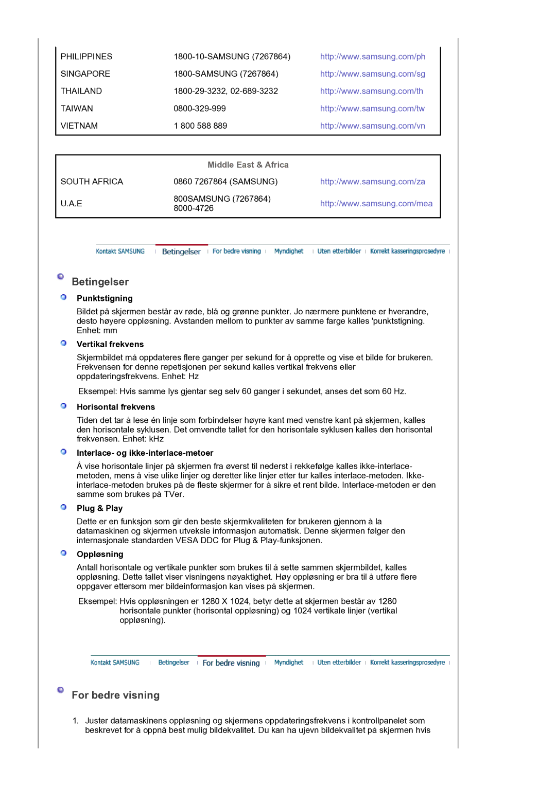 Samsung LS17PLMTSQ/EDC, LS19PLMTSQ/EDC manual Betingelser, For bedre visning, Middle East & Africa 