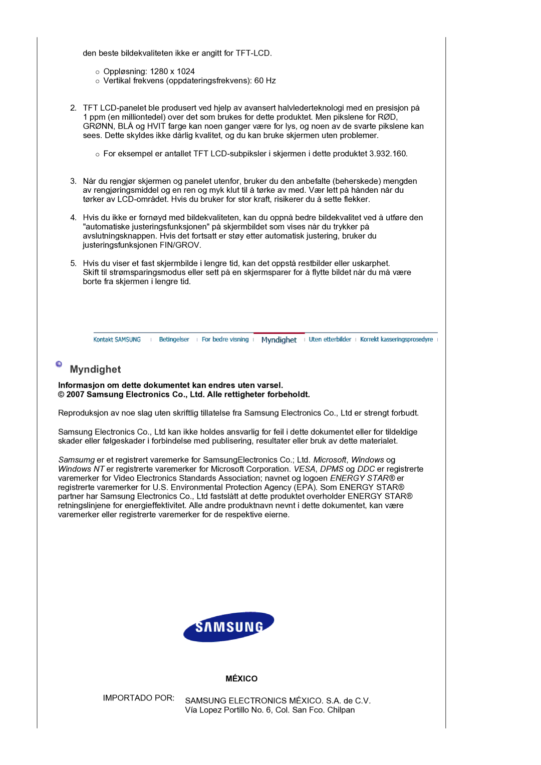 Samsung LS19PLMTSQ/EDC, LS17PLMTSQ/EDC manual Myndighet, Informasjon om dette dokumentet kan endres uten varsel 