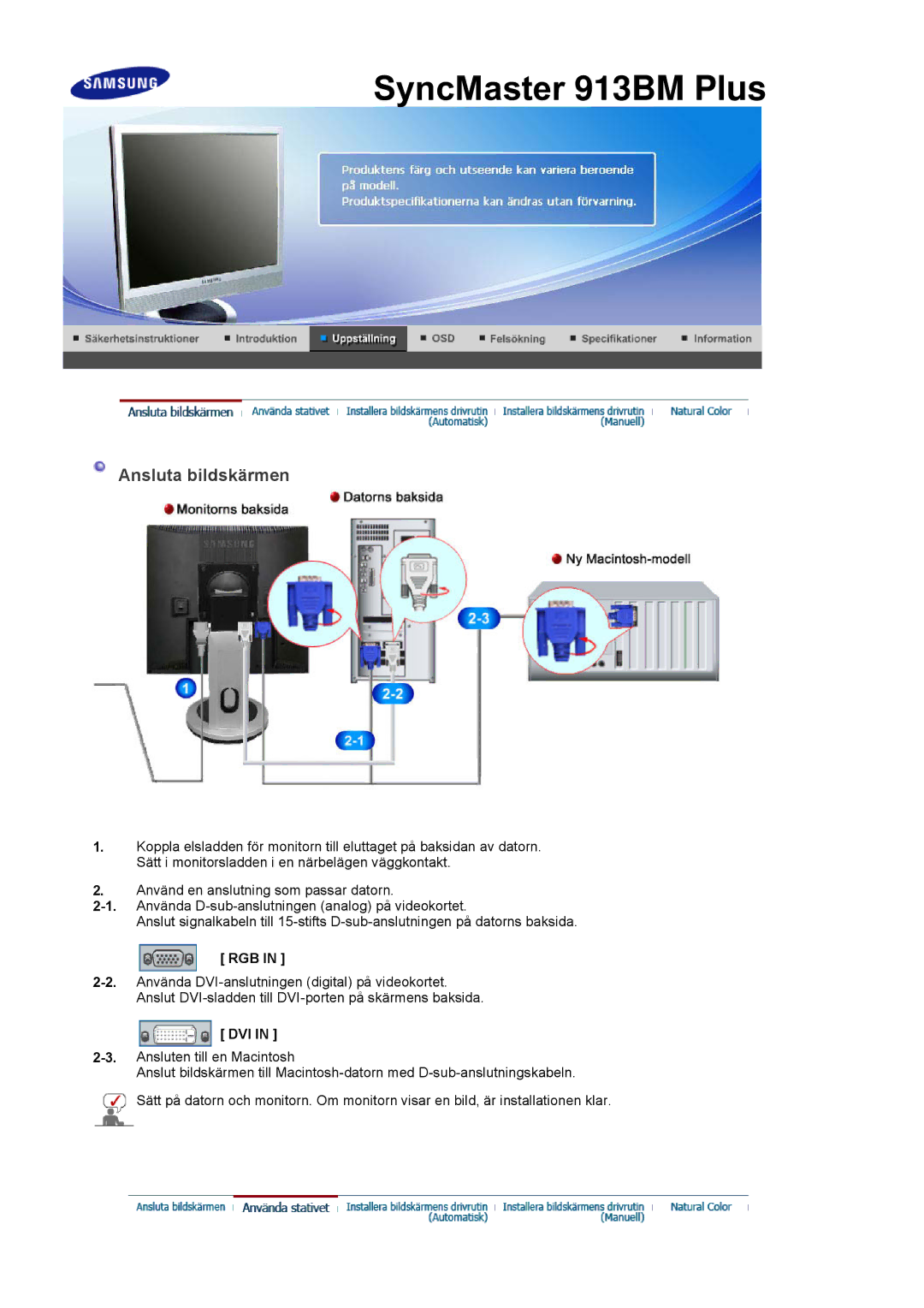 Samsung LS17PLMTSQ/EDC, LS19PLMTSQ/EDC manual Ansluta bildskärmen, Rgb, Dvi 