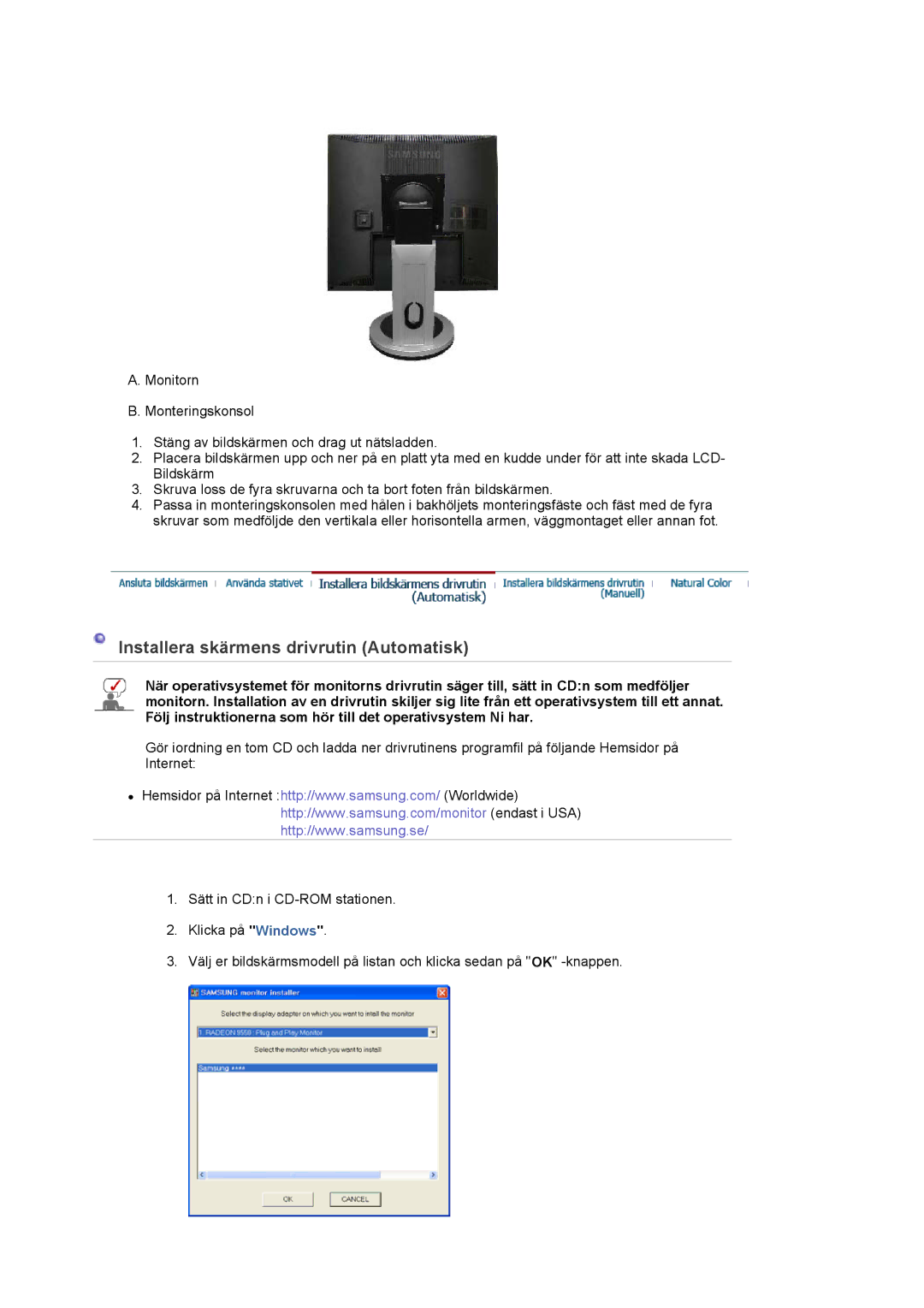 Samsung LS17PLMTSQ/EDC, LS19PLMTSQ/EDC manual Installera skärmens drivrutin Automatisk 