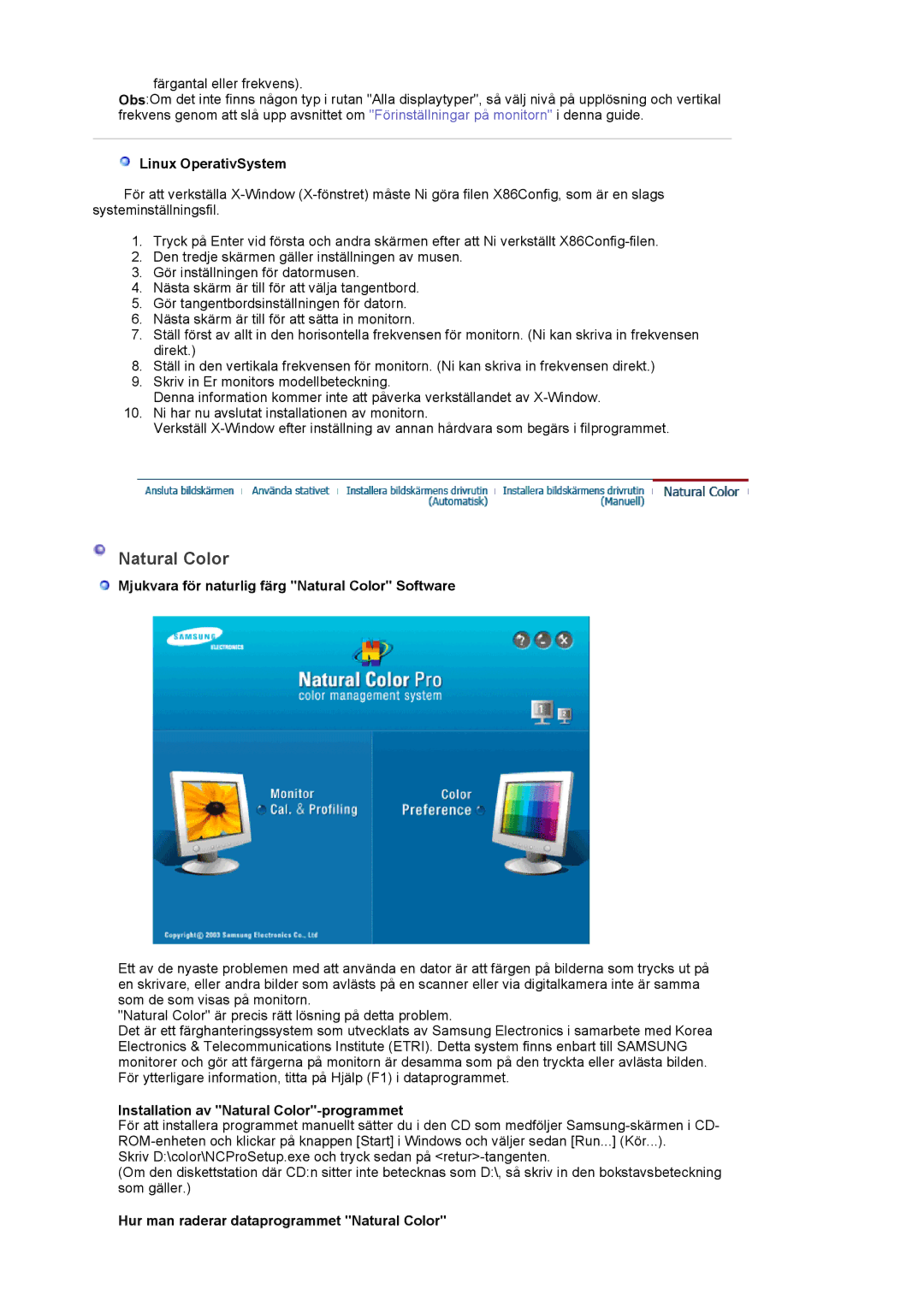 Samsung LS19PLMTSQ/EDC, LS17PLMTSQ/EDC manual Linux OperativSystem, Mjukvara för naturlig färg Natural Color Software 