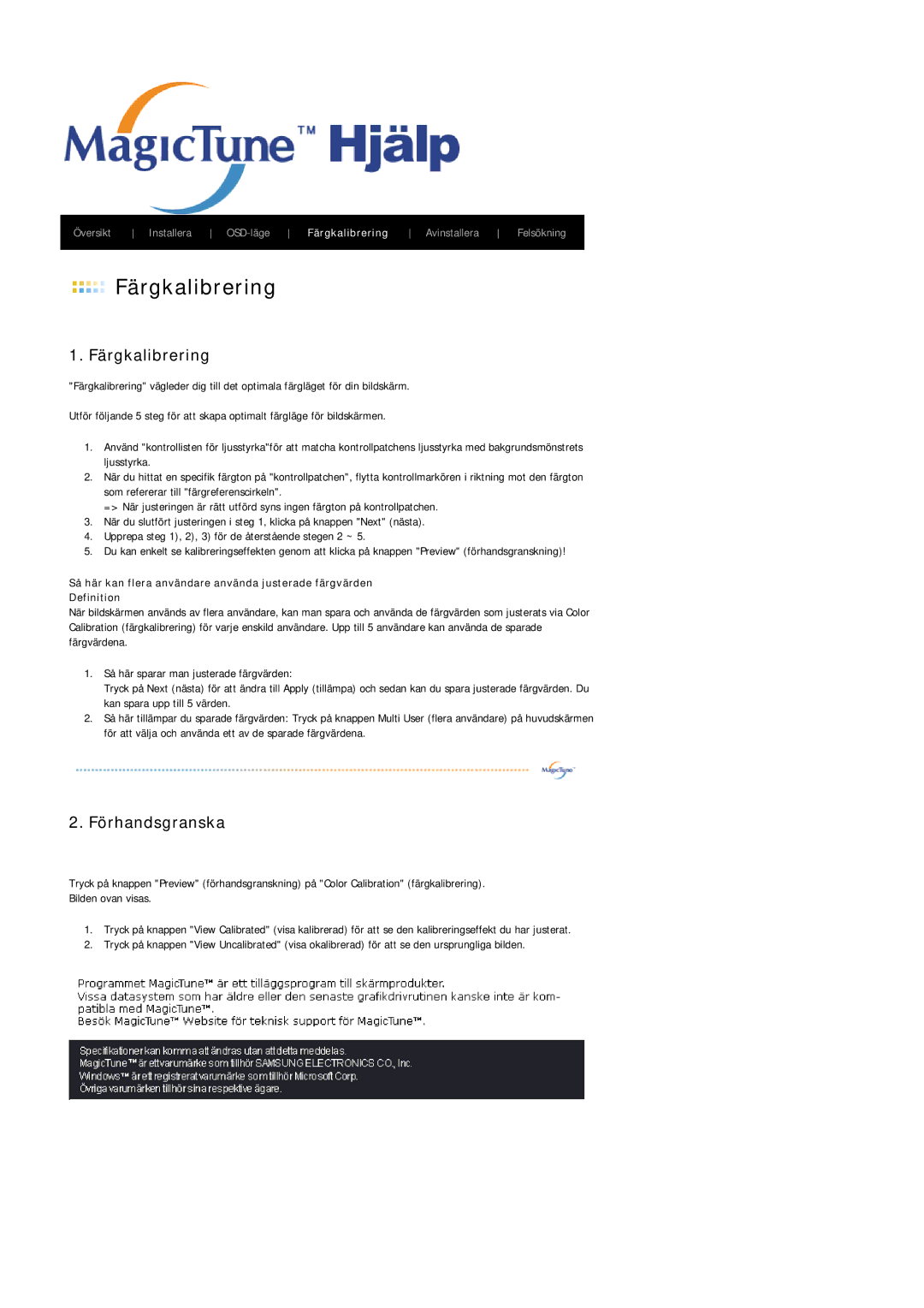 Samsung LS17PLMTSQ/EDC, LS19PLMTSQ/EDC manual Färgkalibrering 