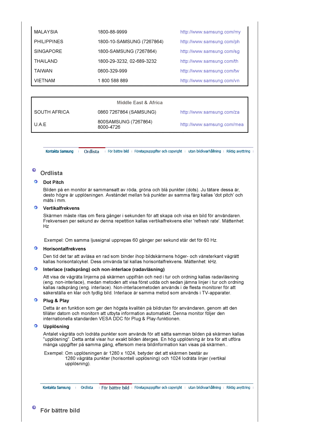 Samsung LS19PLMTSQ/EDC, LS17PLMTSQ/EDC manual Ordlista, För bättre bild, Middle East & Africa 