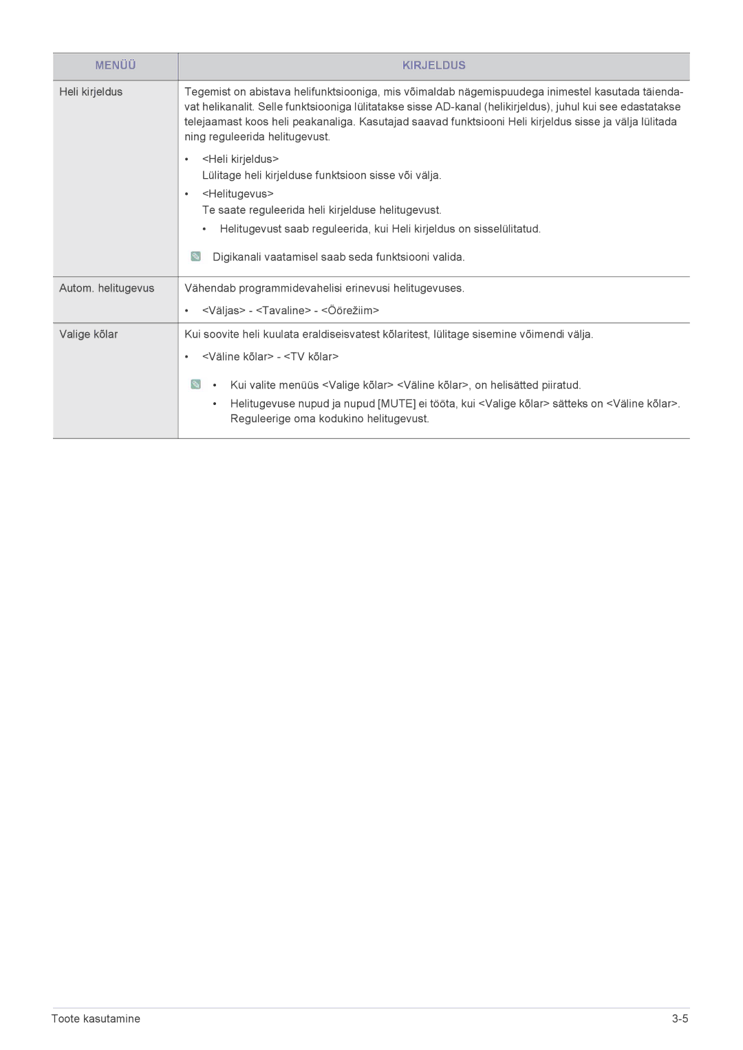 Samsung LS19PTDSF/EN manual Ning reguleerida helitugevust, Lülitage heli kirjelduse funktsioon sisse või välja, Helitugevus 