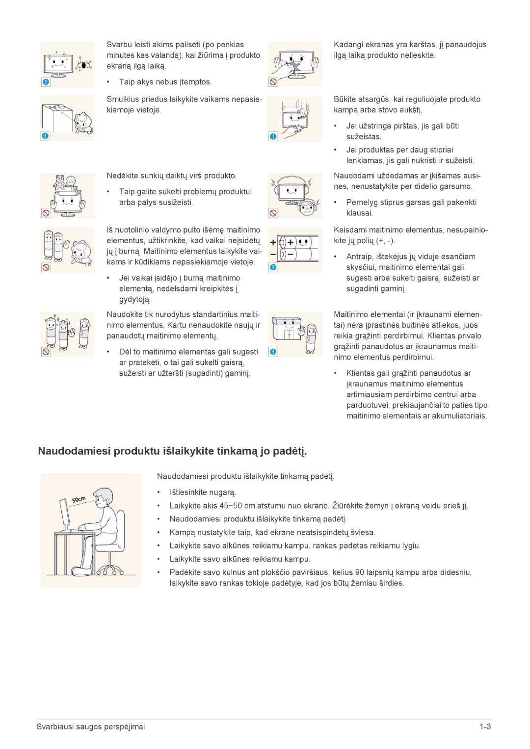 Samsung LS19PTDSF/EN, LS24PTDSF/EN, LS20PTDSF/EN, LS22PTDSF/EN manual Naudodamiesi produktu išlaikykite tinkamą jo padėtį 