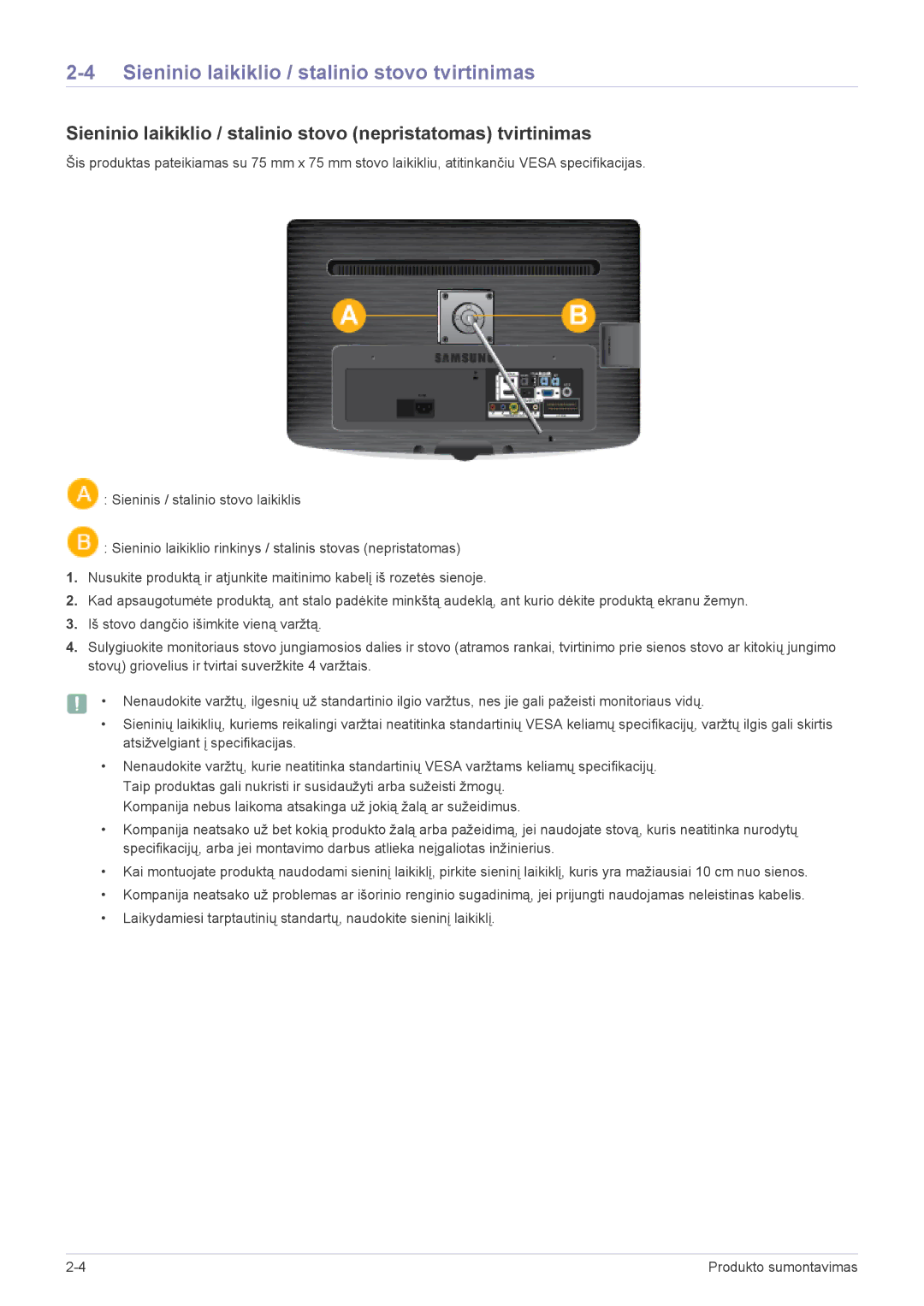 Samsung LS24PTDSF/EN, LS19PTDSF/EN, LS20PTDSF/EN, LS22PTDSF/EN manual Sieninio laikiklio / stalinio stovo tvirtinimas 