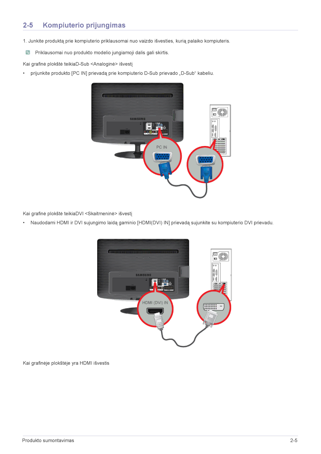 Samsung LS20PTDSF/EN, LS19PTDSF/EN, LS24PTDSF/EN, LS22PTDSF/EN manual Kompiuterio prijungimas 