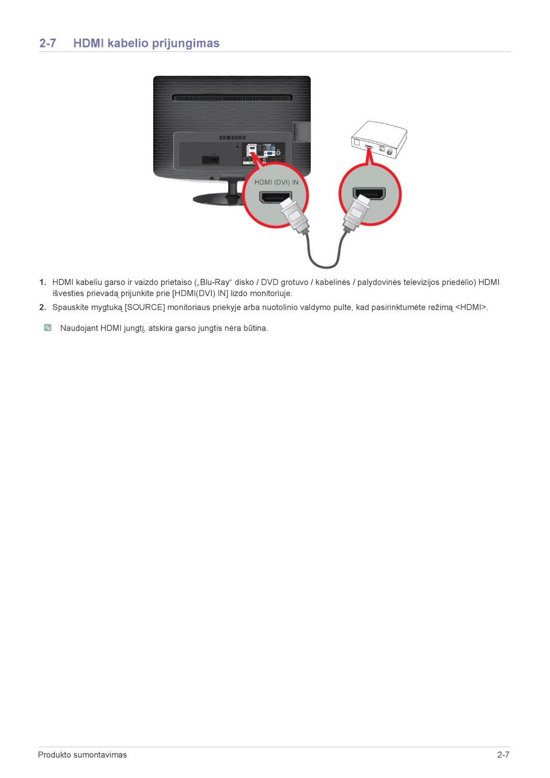 Samsung LS20PTDSF/EN, LS19PTDSF/EN, LS24PTDSF/EN, LS22PTDSF/EN manual Hdmi kabelio prijungimas 