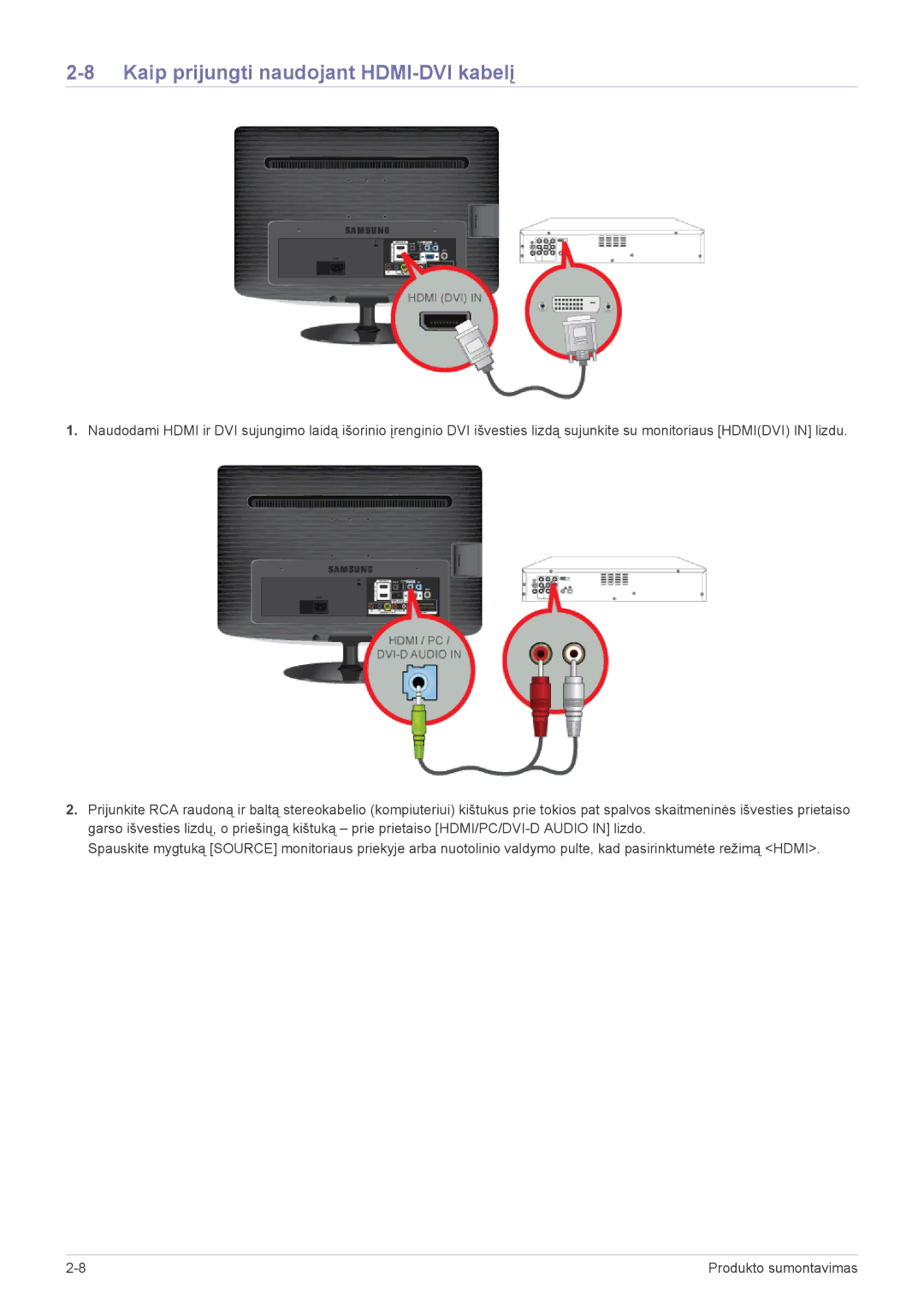 Samsung LS22PTDSF/EN, LS19PTDSF/EN, LS24PTDSF/EN, LS20PTDSF/EN manual Kaip prijungti naudojant HDMI-DVI kabelį 