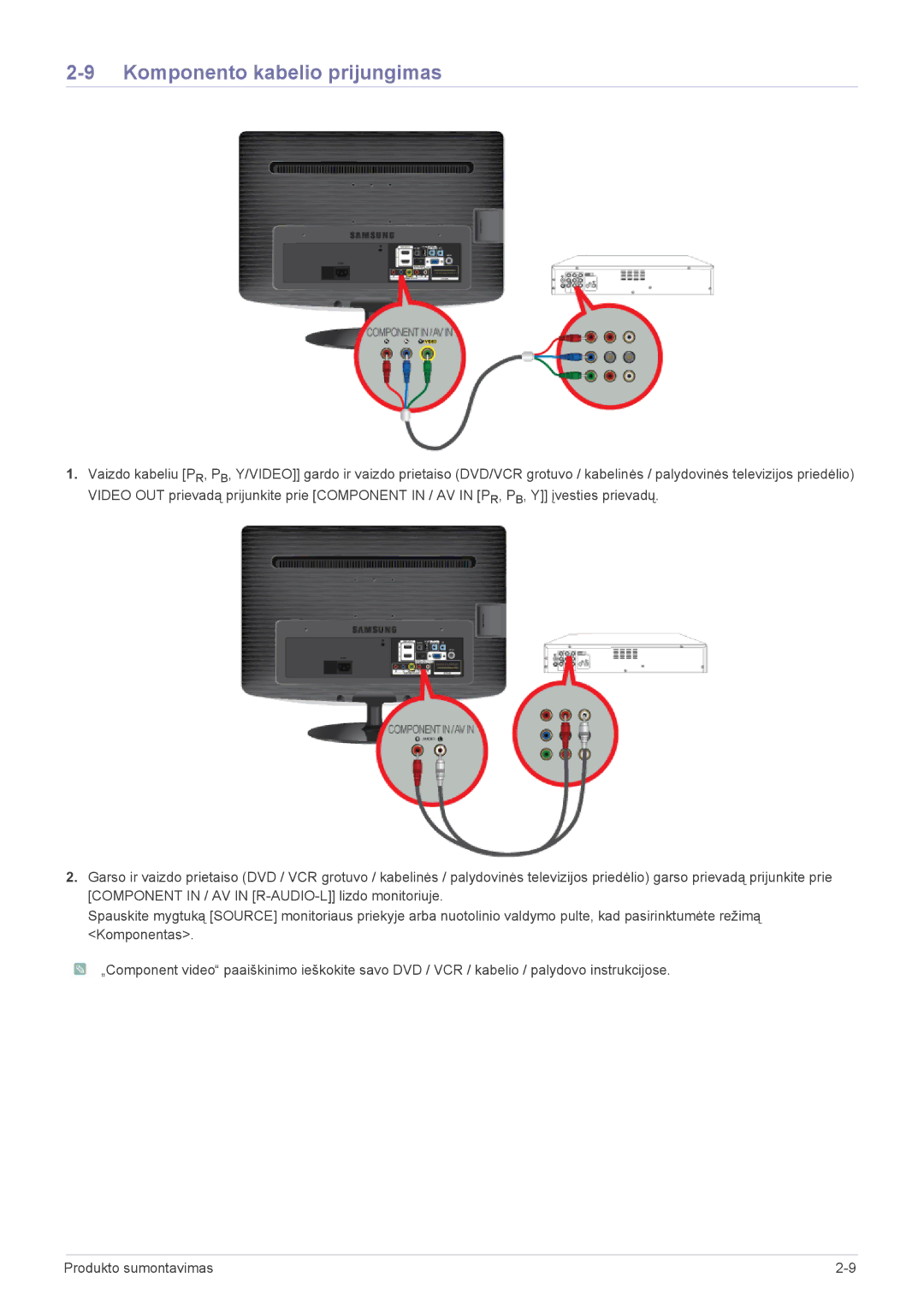 Samsung LS19PTDSF/EN, LS24PTDSF/EN, LS20PTDSF/EN, LS22PTDSF/EN manual Komponento kabelio prijungimas 