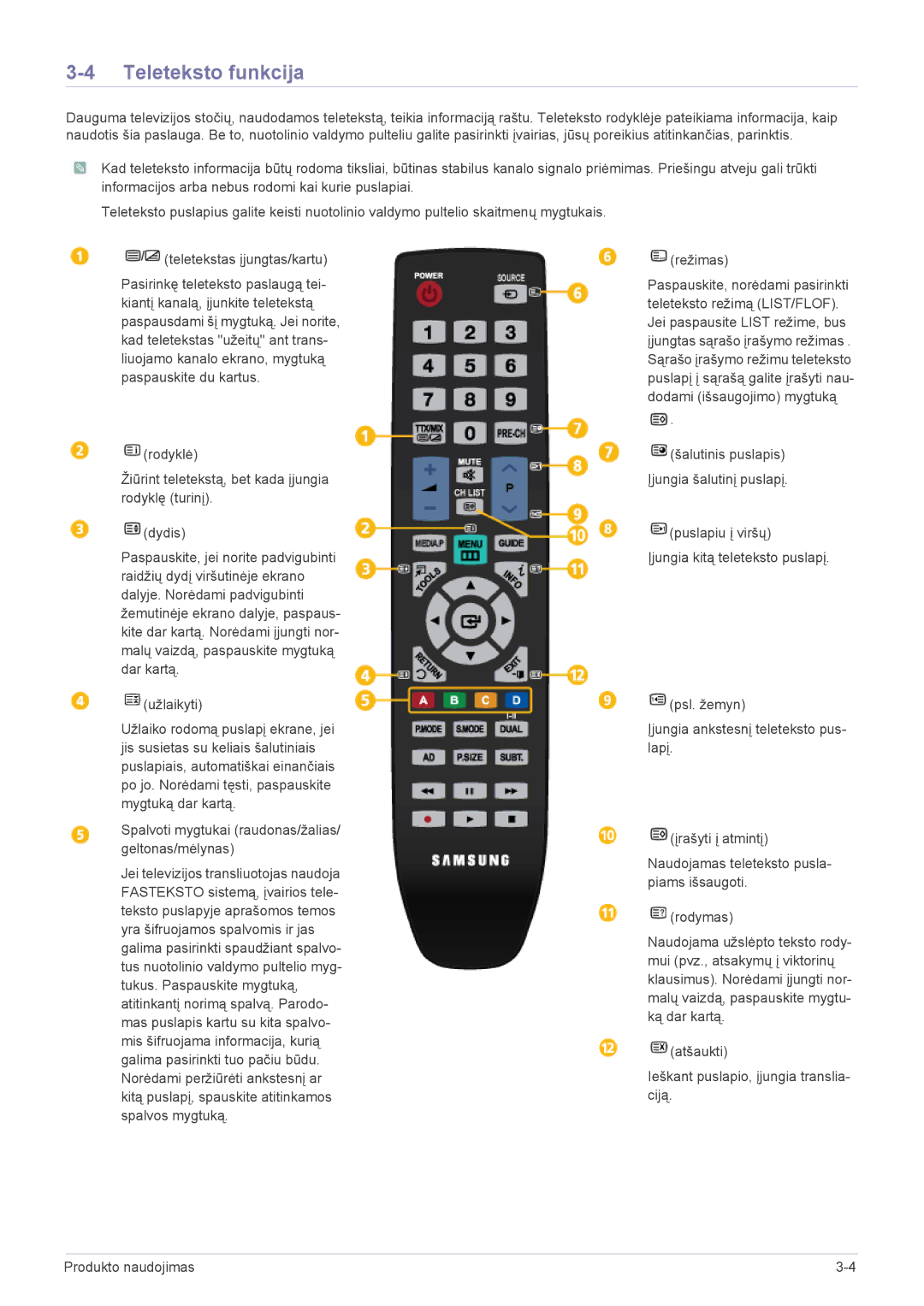 Samsung LS19PTDSF/EN, LS24PTDSF/EN manual Teleteksto funkcija, Spalvoti mygtukai raudonas/žalias/ geltonas/mėlynas, Režimas 