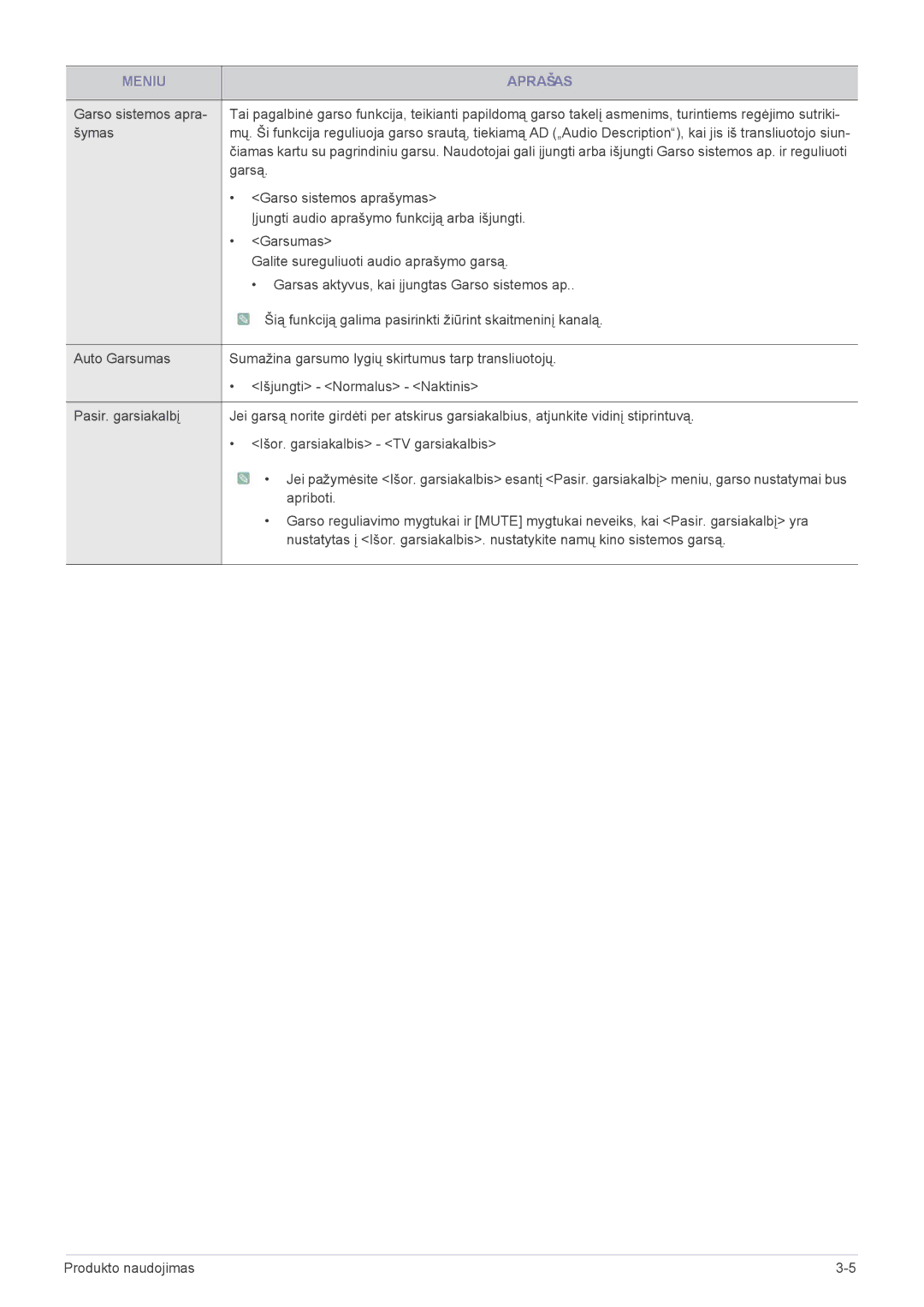 Samsung LS19PTDSF/EN manual Šymas, Garsą, Garso sistemos aprašymas, Įjungti audio aprašymo funkciją arba išjungti, Garsumas 