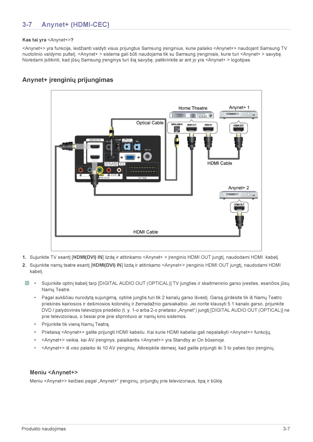 Samsung LS20PTDSF/EN, LS19PTDSF/EN, LS24PTDSF/EN manual Anynet+ HDMI-CEC, Anynet+ įrenginių prijungimas, Meniu Anynet+ 