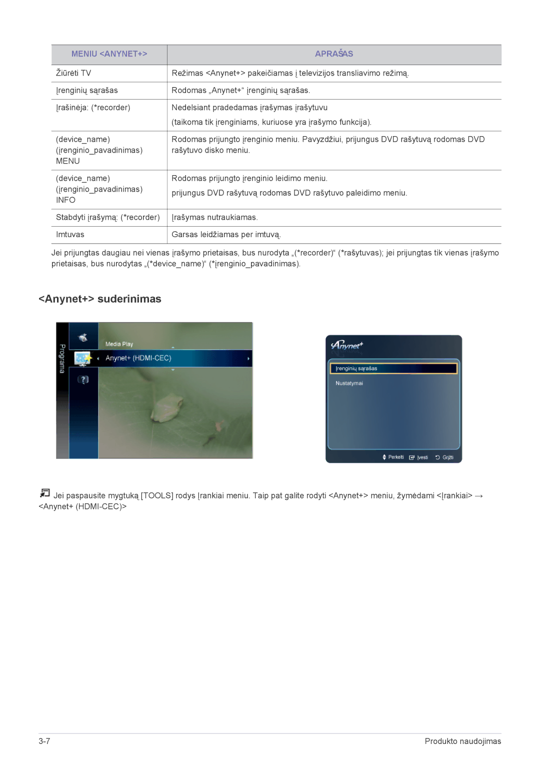 Samsung LS22PTDSF/EN, LS19PTDSF/EN, LS24PTDSF/EN, LS20PTDSF/EN manual Anynet+ suderinimas, Meniu ANYNET+ Aprašas 