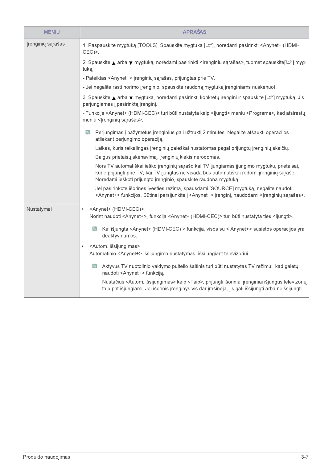 Samsung LS19PTDSF/EN, LS24PTDSF/EN, LS20PTDSF/EN, LS22PTDSF/EN manual Meniu Aprašas 