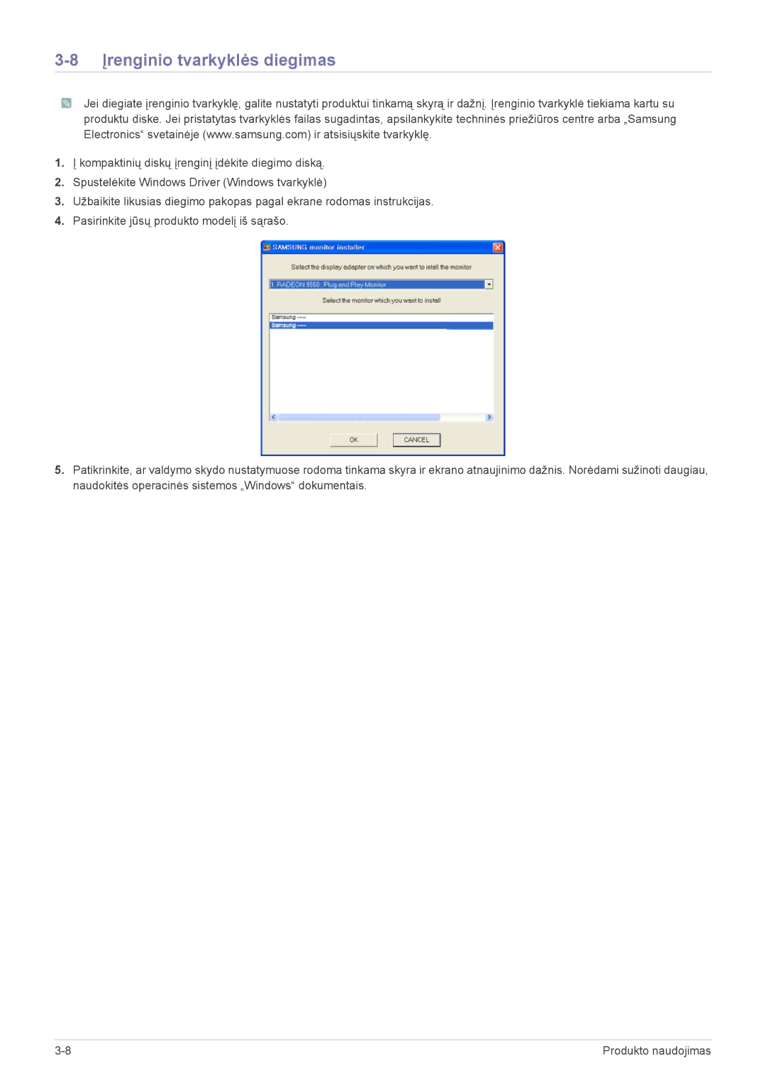 Samsung LS24PTDSF/EN, LS19PTDSF/EN, LS20PTDSF/EN, LS22PTDSF/EN manual Įrenginio tvarkyklės diegimas 